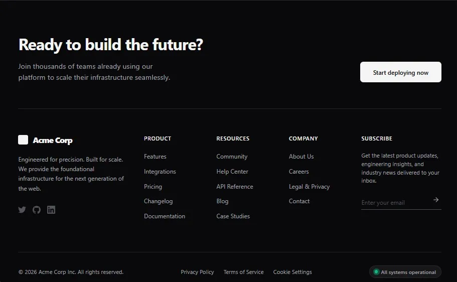 Structured Mega Footer with System Status