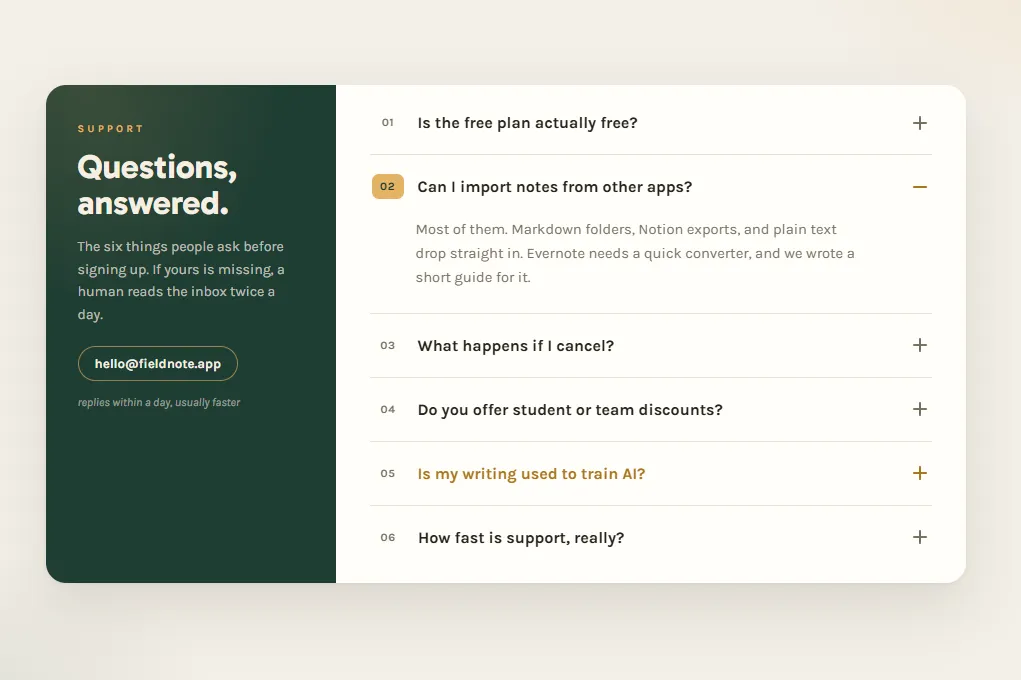 Fieldnote FAQ, Split Panel Accordion
